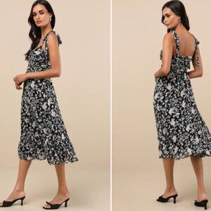 Lulus Lush Loveliness Black Floral Lurex Tie-Strap Midi Dress
